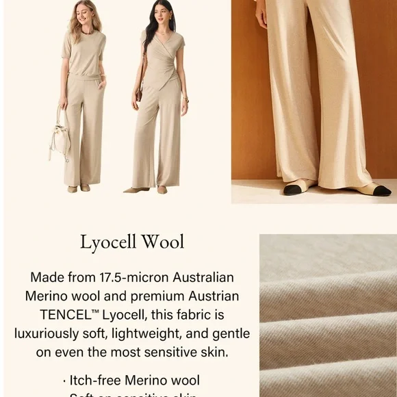 OGL Lyocell Wool Mid Rise Wide Leg Pull-on Pants Pockets SET With TOP Large New - Picture 5 of 11